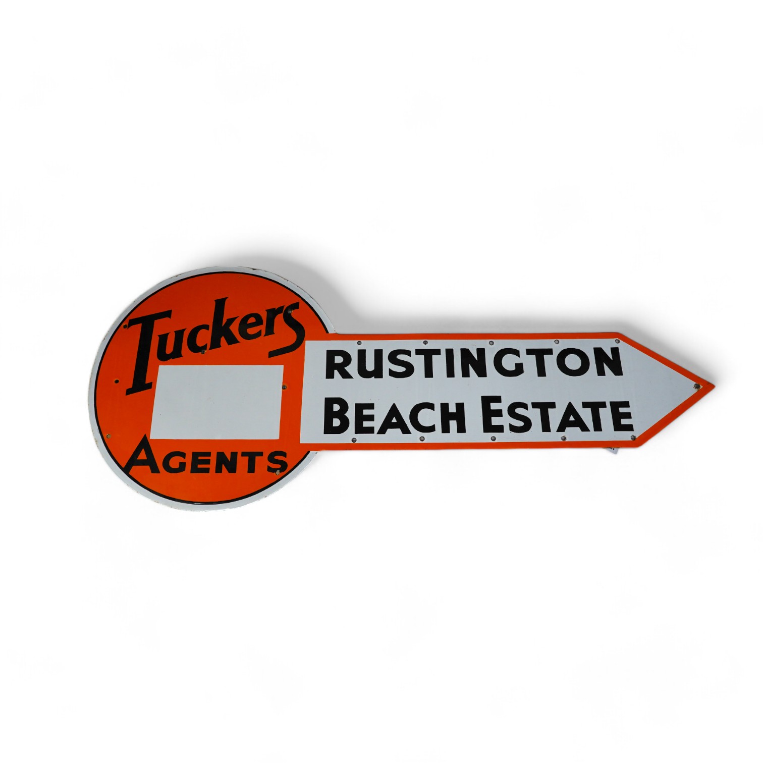 A 1930s Tuckers Agents Rustington Beach Estate enamel sign, 118cm. Condition - fair, wear to edges.